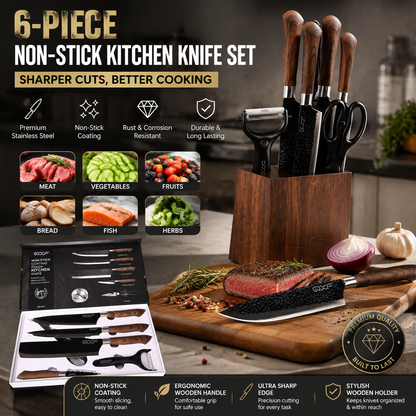 6-Piece Non-Stick Stainless Steel Kitchen Knife Set with Wooden Holder