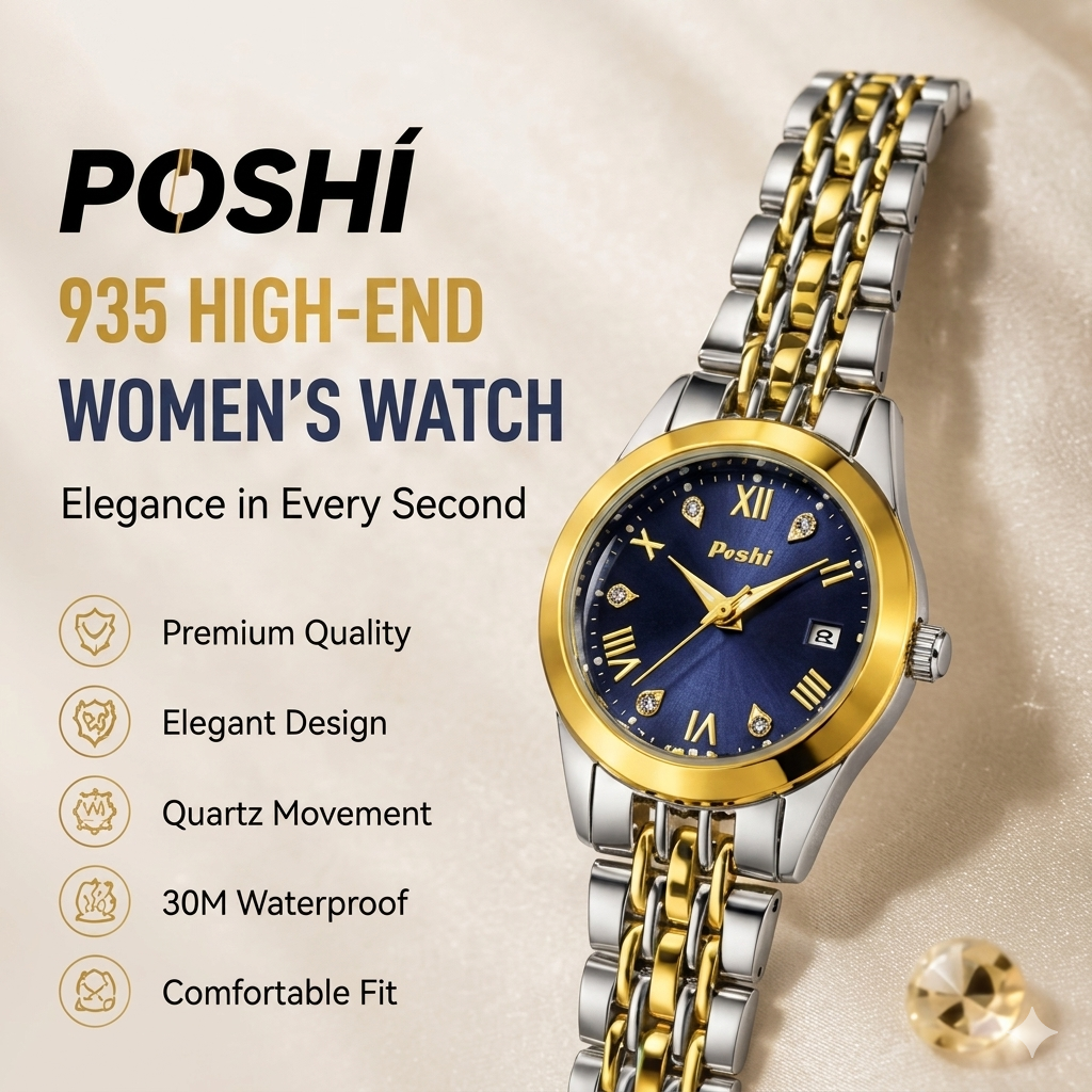 POSHI 935 Women's Quartz Watch – Luxury Stainless Steel Waterproof Fashion Watch